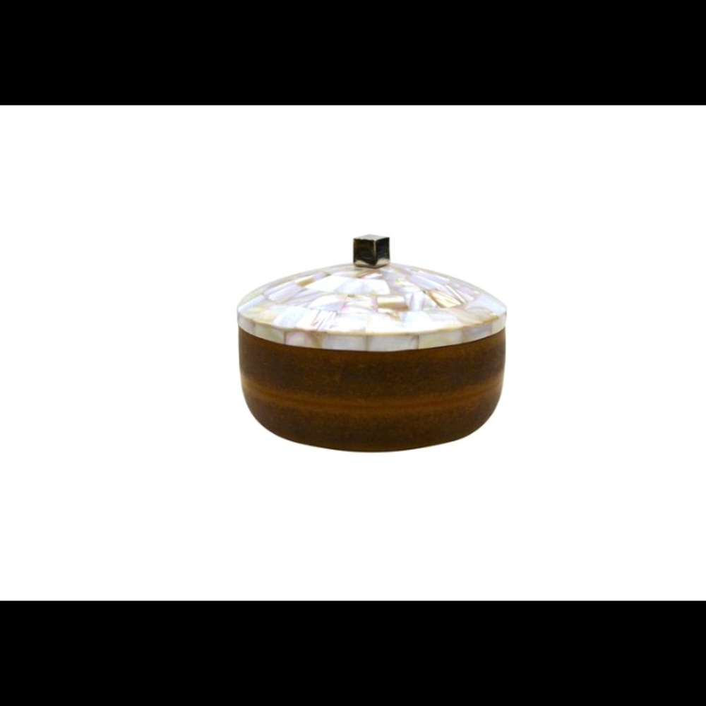 Mother of pearl nickel and acacia wood trinket box. Hand made in India